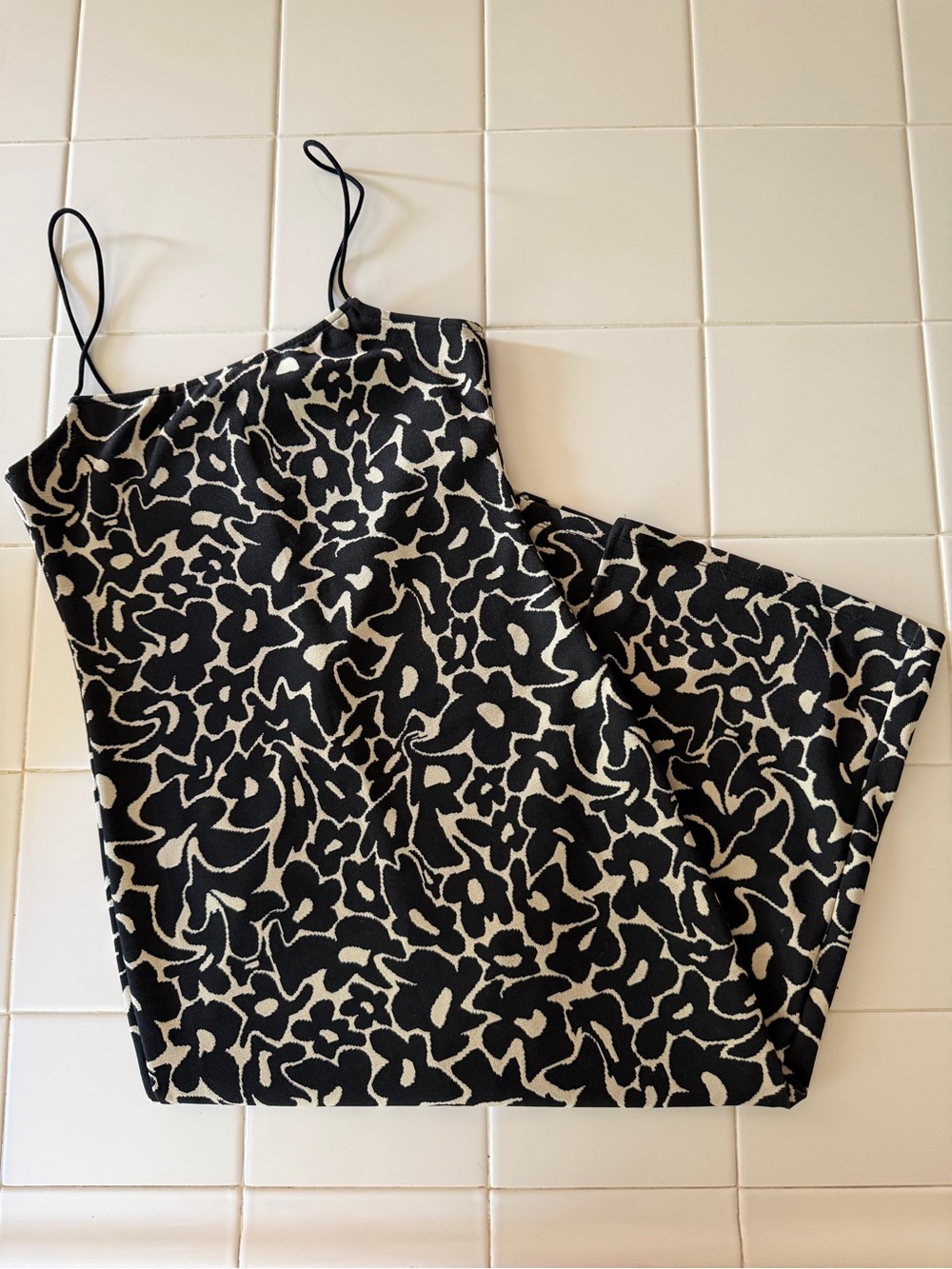 Zara Black Cream Abstract Floral Midi Dress Square Neck M